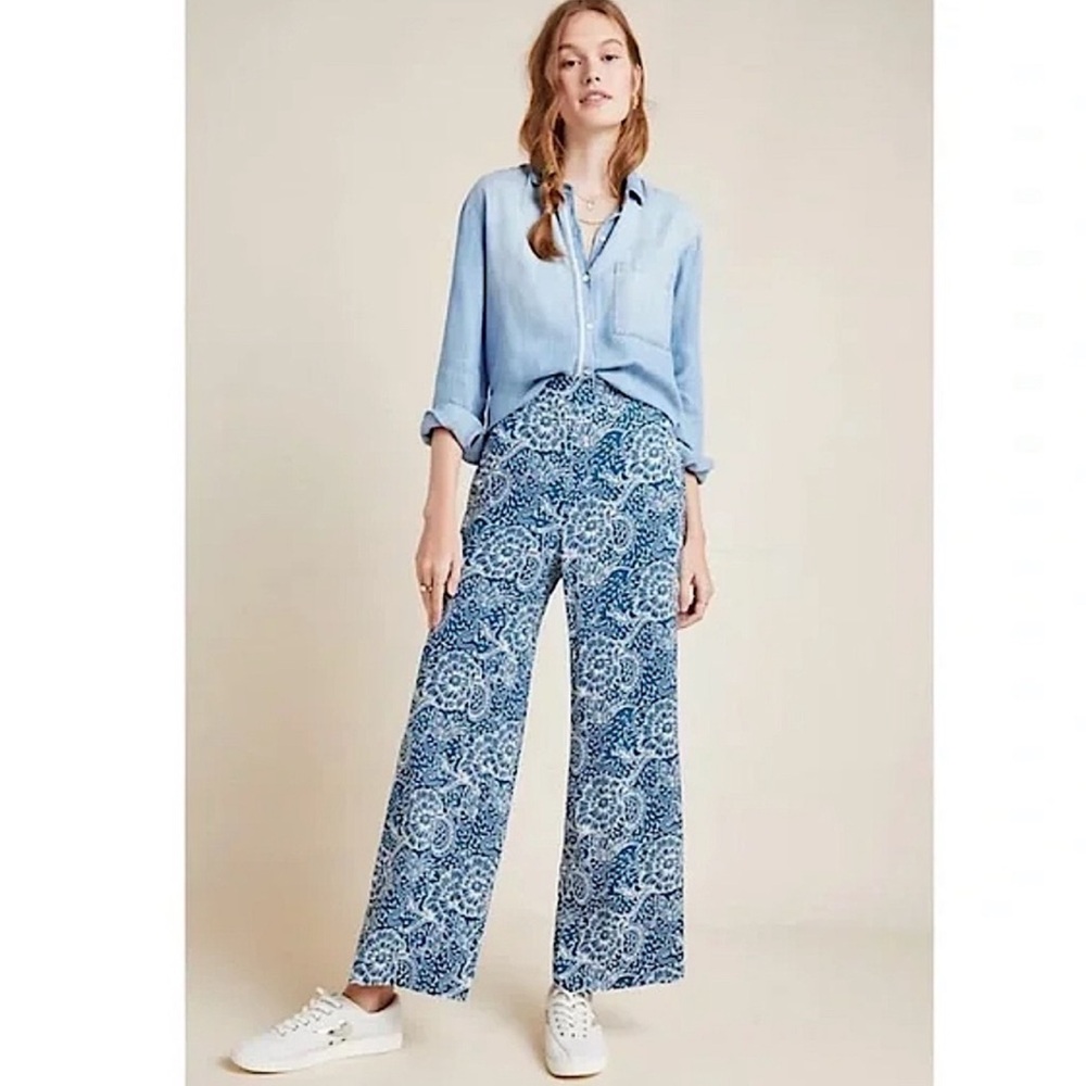 Anthropologie Maeve Anika Wide Leg Paisley Floral Blue White Print Pants